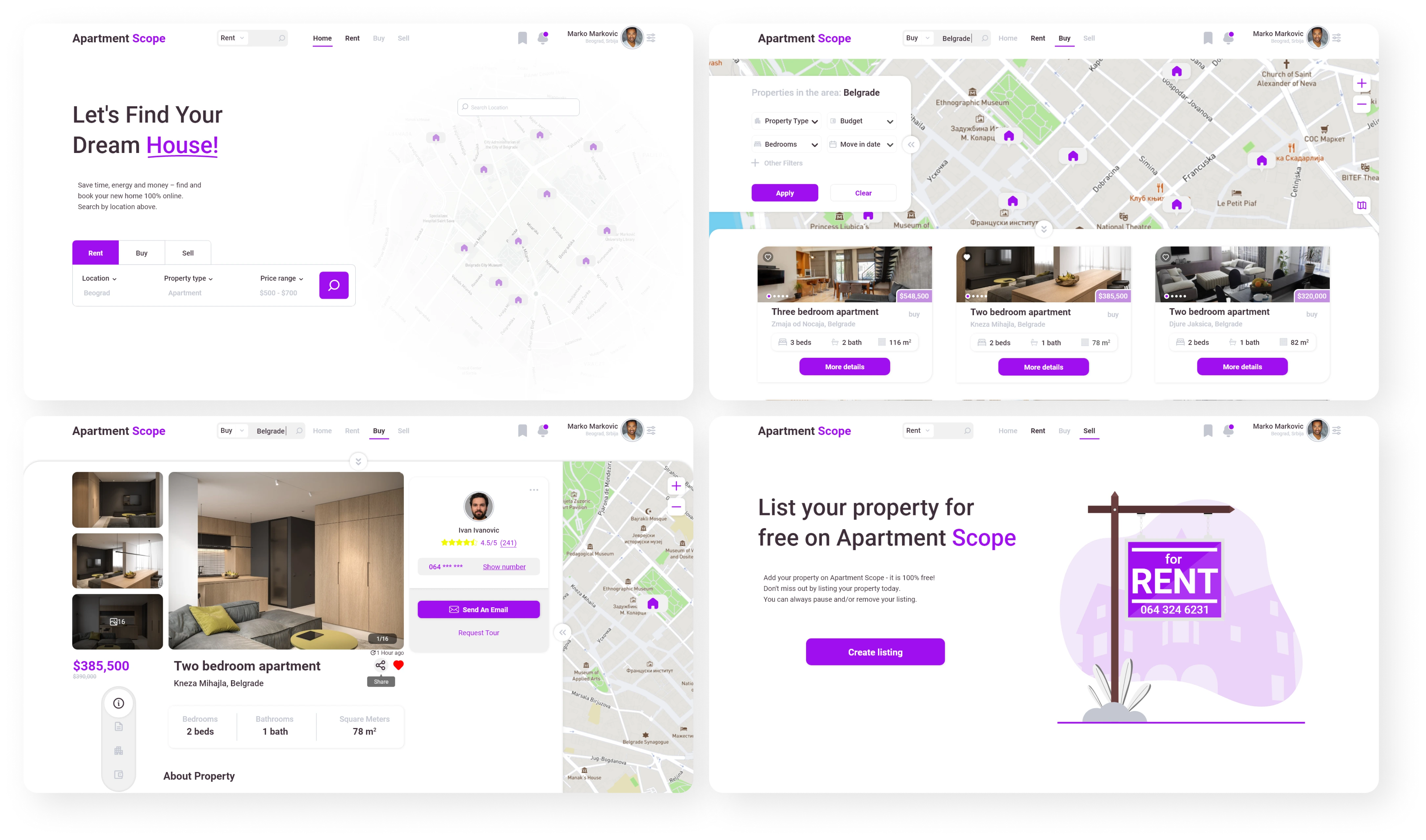 A gallery of four final desktop mockup screens.