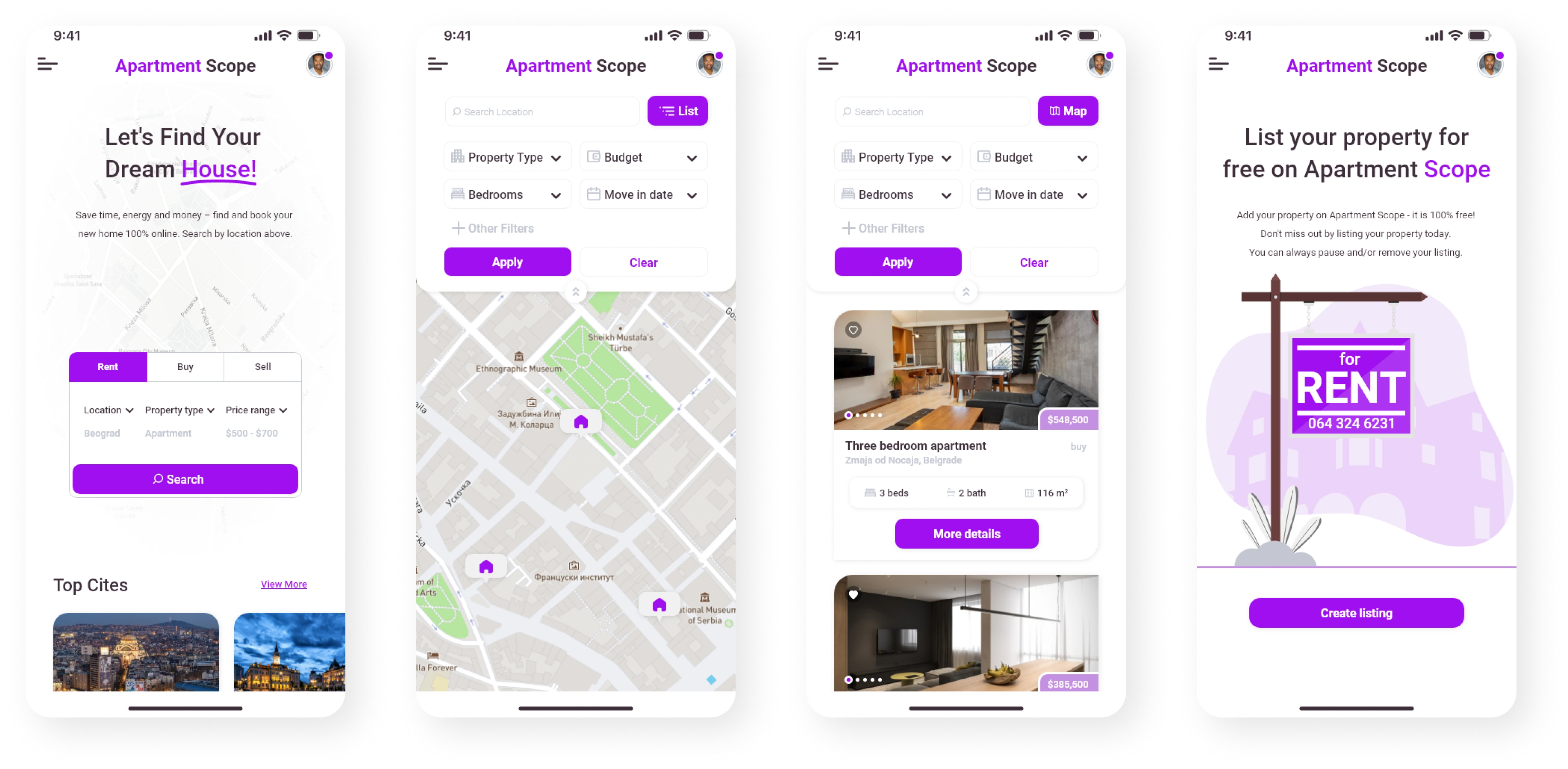 A gallery of four final mobile mockup screens.