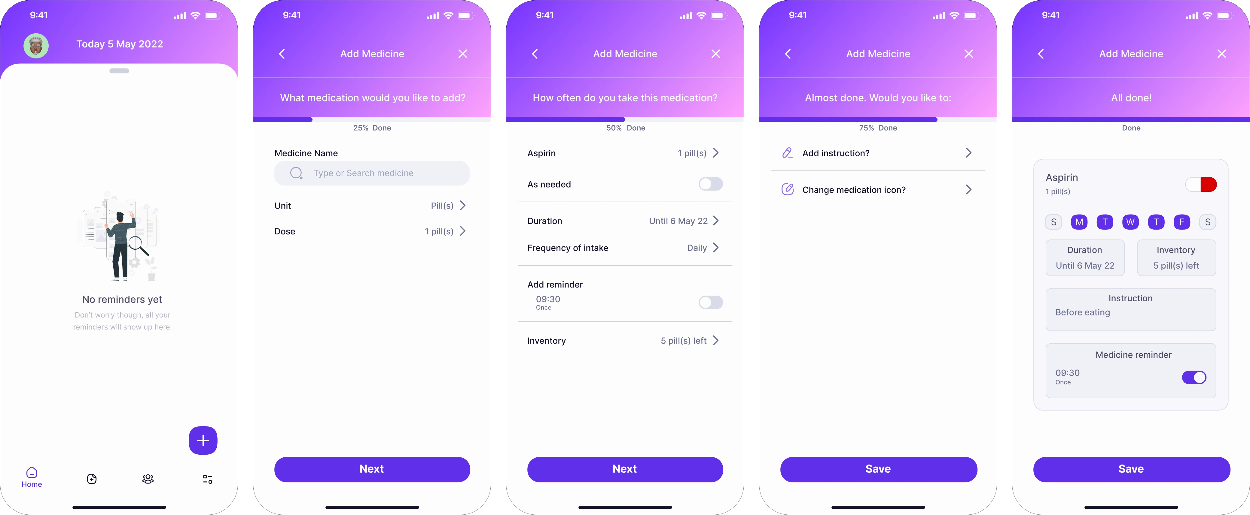 A gallery of five final mockup screens from the Medicine Reminder app.