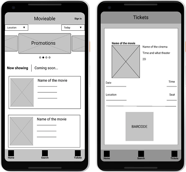 Digital wireframes showing two app screens side-by-side.