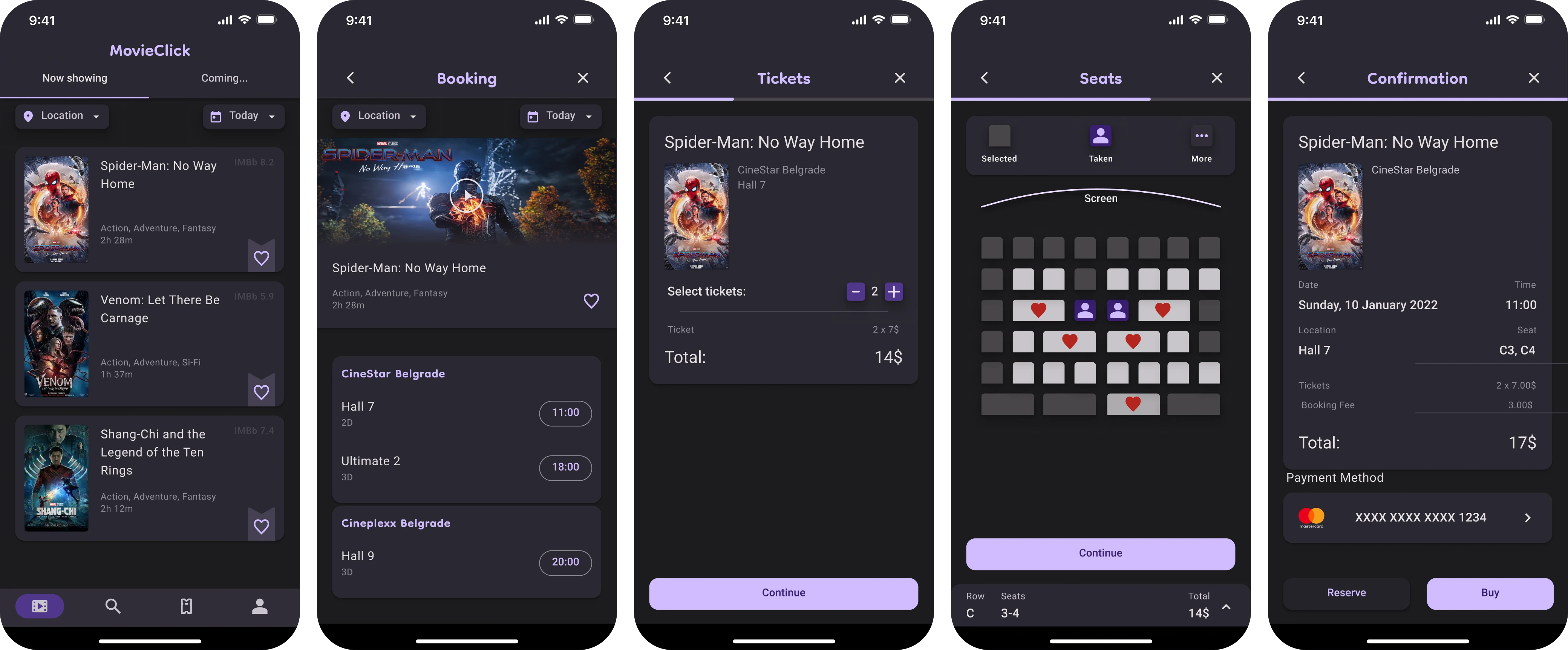 A gallery of five final mockup screens from the MovieClick app.