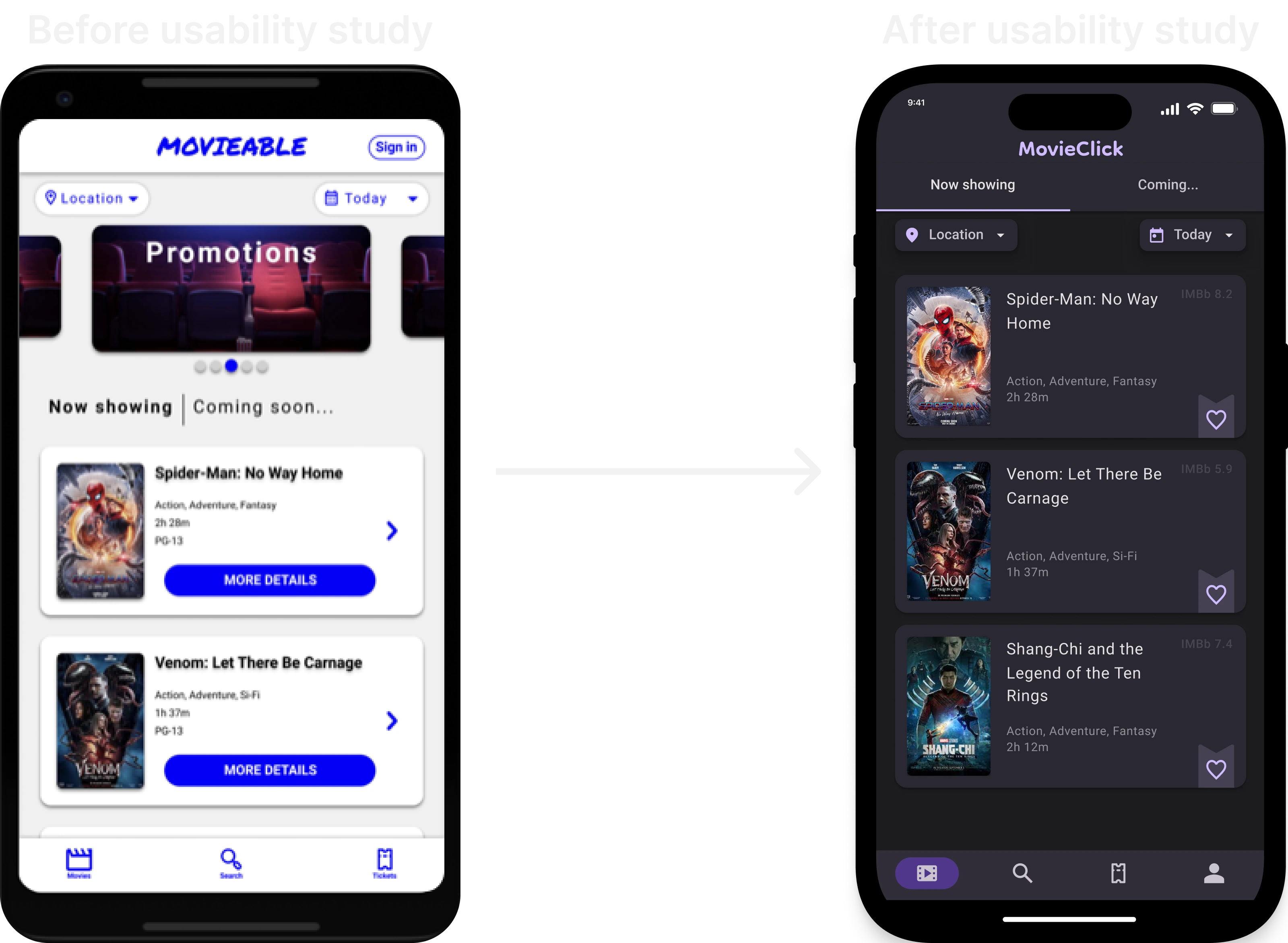 A before-and-after comparison of the app's home screen, showing changes made after a usability study.