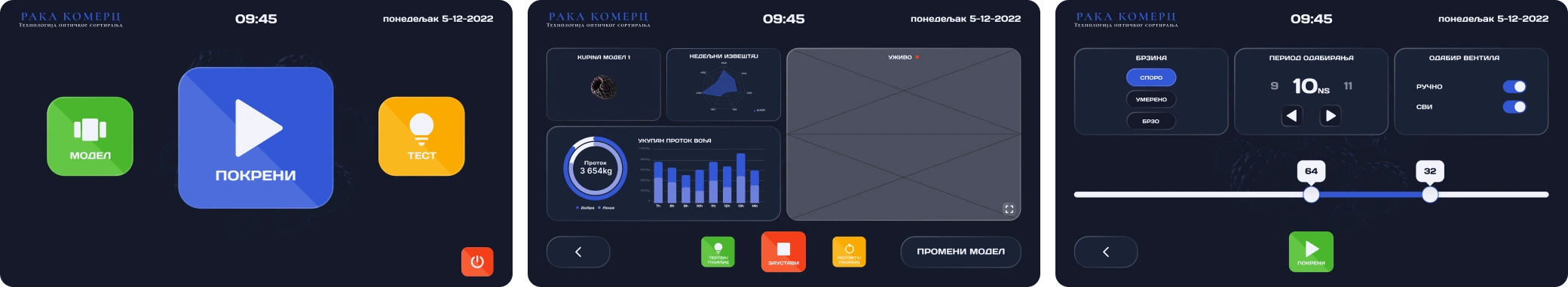 A gallery of five final mockup screens from the Raka Komerc.